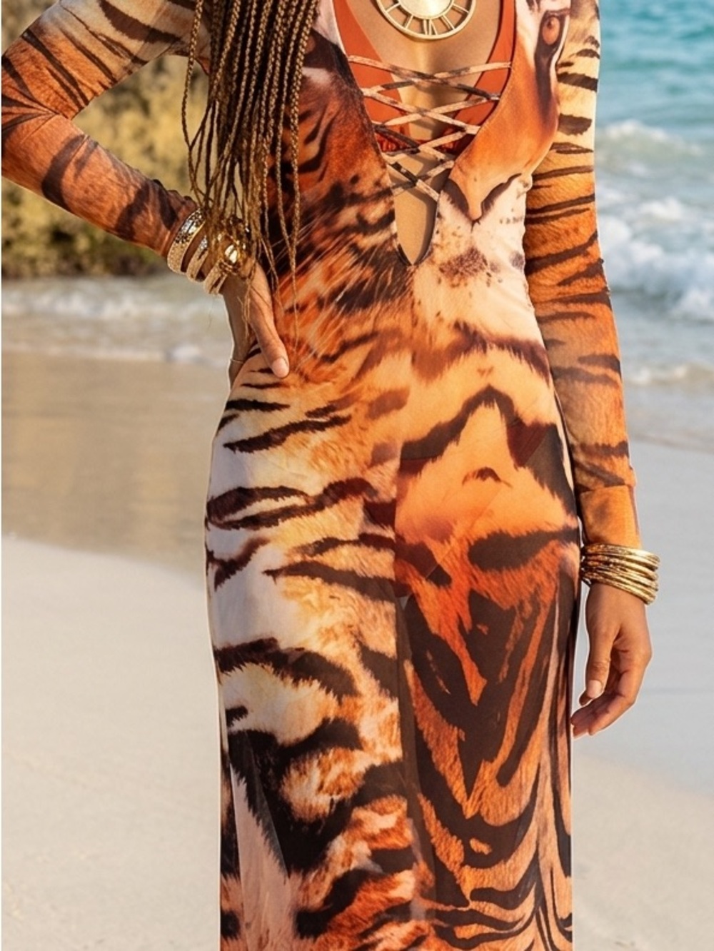 SOLD!  Tiger Print Long Sleeve Maxi Dress in Orange and Black Size Sm Length 50”